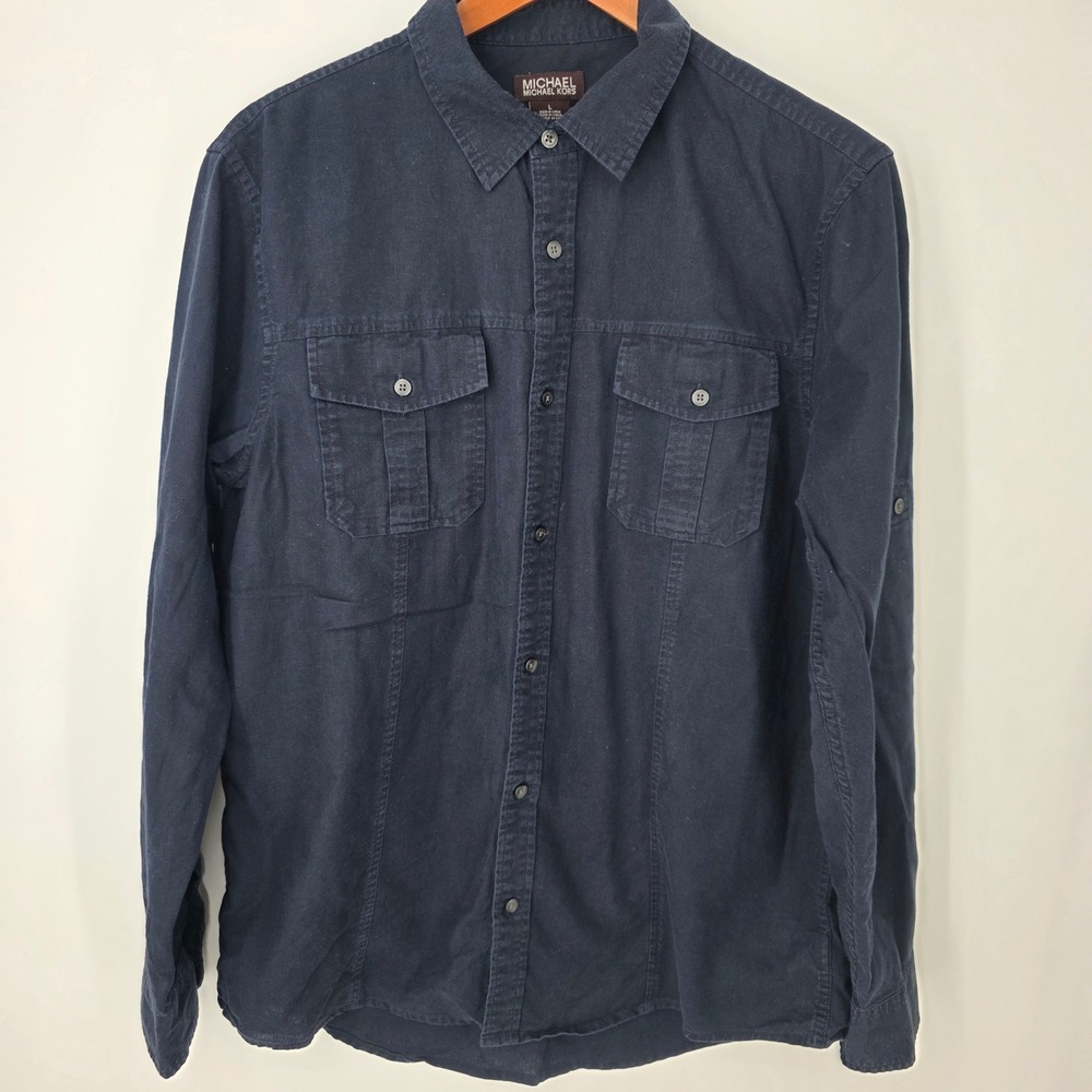 Michael Kors Mens Navy Blue Linen Cotton Roll Tab Utility Button Down Shirt L